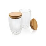 Dvostruka borosilikatna čaša s poklopcem od bambusa 350ml 2kom set