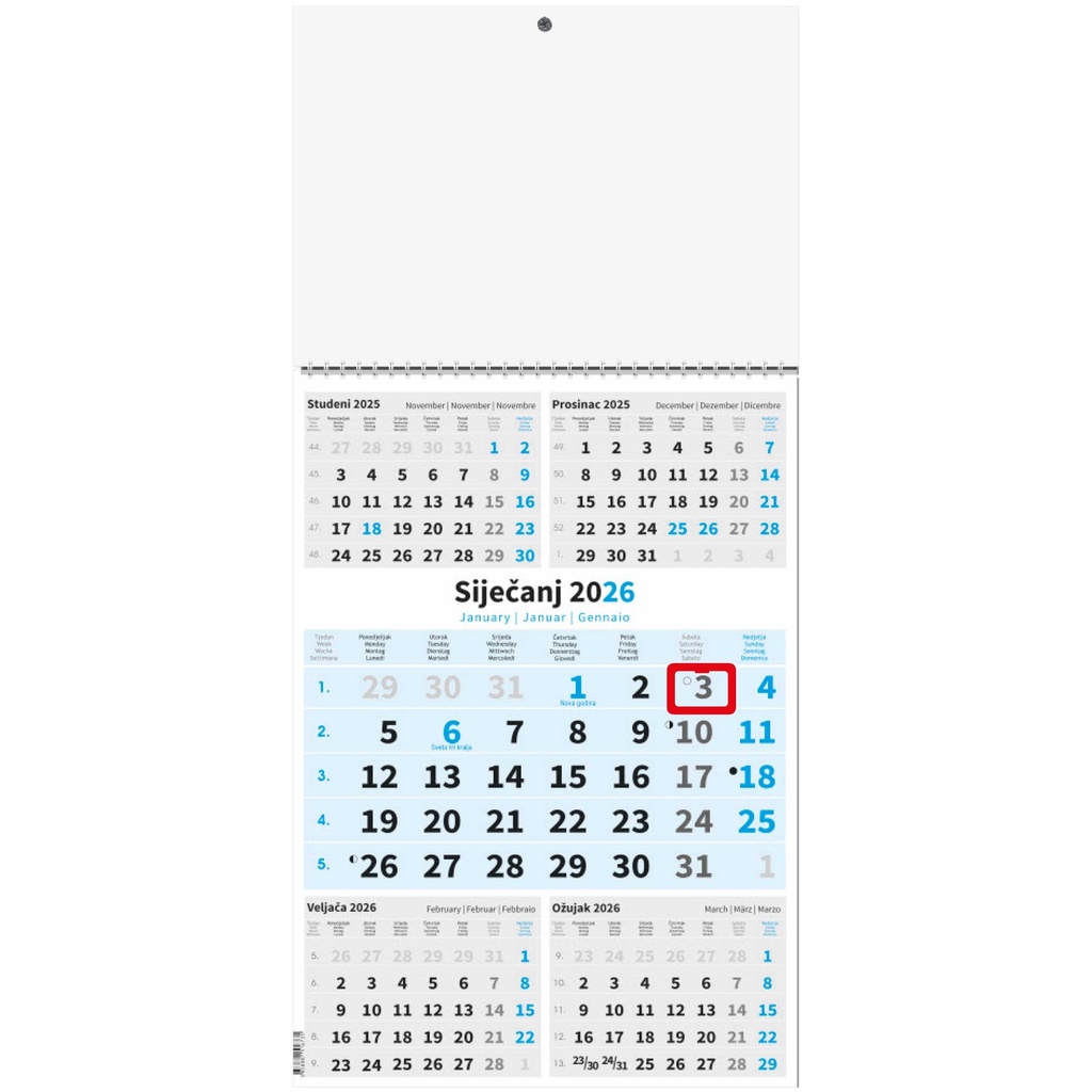 "Poslovni PLAVI 5 mj." trodjelni kalendar, 12 list., dim: 29,5x62cm, PVC vrećica, pokazivač, P/50