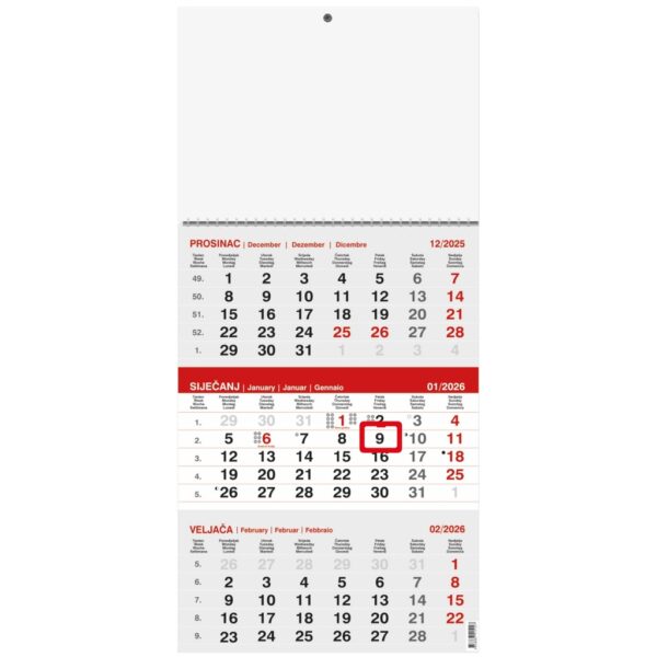 "Poslovni  SIVO-CRVENI" trodjelni kalendar, 12 list., dim: 29,5x62cm, PVC vrećica, pokazivač, P/50