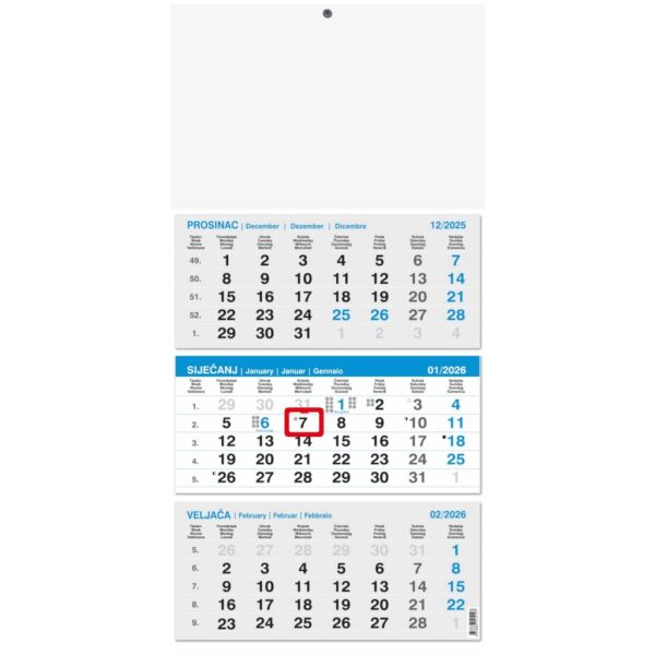 "Poslovni PLAVI iz tri dijela" ljepljeni, trodjelni kalendar, 12 list., dim: 29,5x62cm, PVC vrećica, pokazivač, P/50