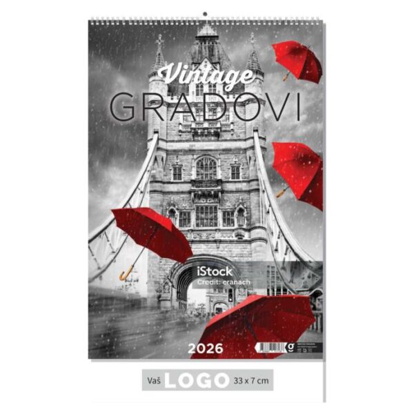 "VINTAGE GRADOVI" 13 list., dim: 33x55cm, PVC vrećica, P/40, kolor kalendar