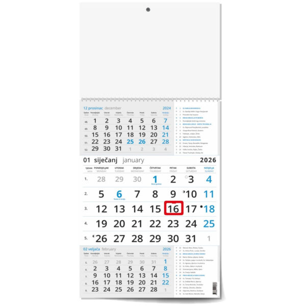 "Poslovni PLAVI S KATOLIČKIM KALENDAROM" trodjelni kalendar, 12 list., dim: 29,5x62cm, PVC vrećica, pokazivač, P/50