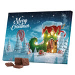 Klasični stolni adventski kalendar, kutija od punog kartona, 24 bijele mini pločice alpske mliječne čokolade.