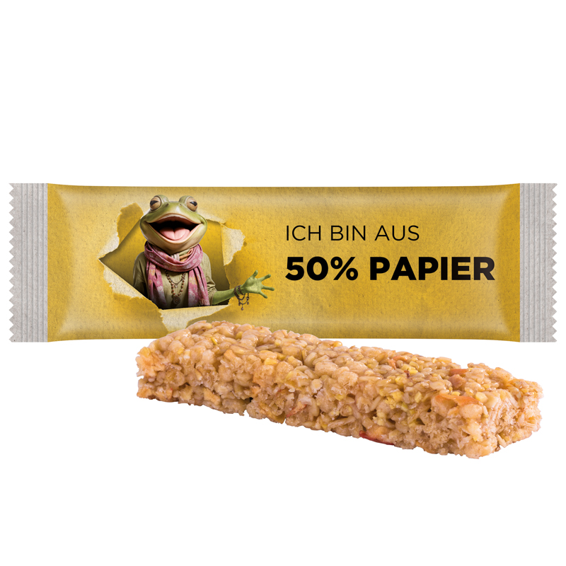 muesliriegel_folie_papier Cereal bar, recyclable paper white, multigrain apple cereal bar with raisins - Image 1