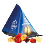 Jelly gums tetrahedron, white foil with approx. 50 % paper content, Trolli fruit jelly bears with 30 % fruit juice