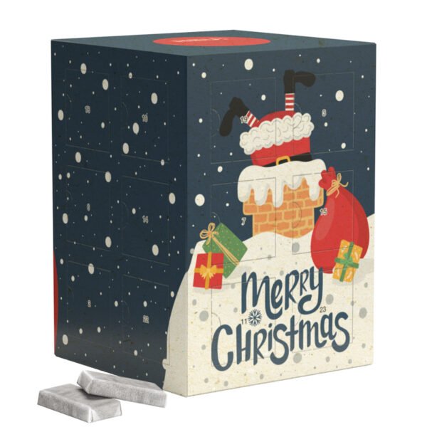 Tower advent calendar, grass paper, mini chocolate bars in glassine paper