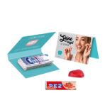 Promotion card, business card format, PEZ candy bar, strawberry