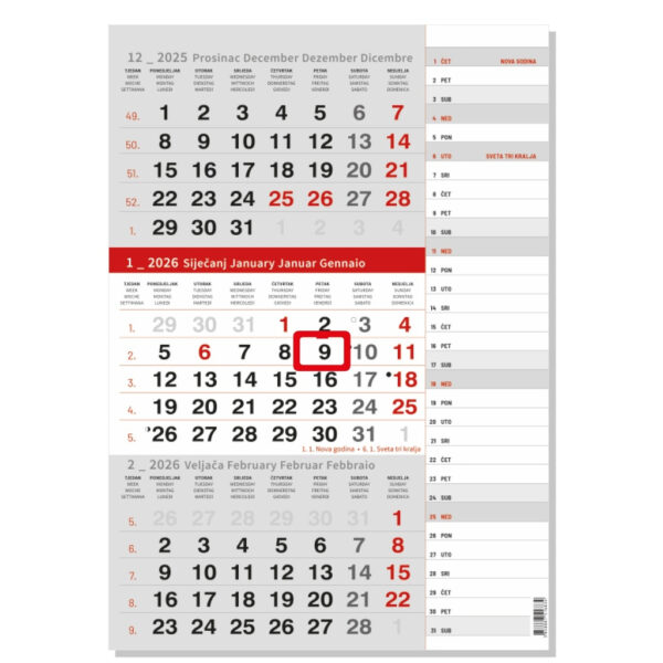 "Poslovni CRVENI S KATOLIČKIM KALENDAROM" neuvezani trodjelni kalendar, 12 list., dim: 29,5x62cm, PVC vrećica, pokazivač, P/50 NZ
