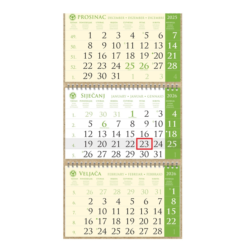 0-02og021770-2b785030 Kalendar trodjelni sirio EKO ZELENI, 3 dijela spirala (3x12 l) 25x68cm, nad.25x17cm, pok, vrećica (reciklirani papir) "NZ" - Slika 1