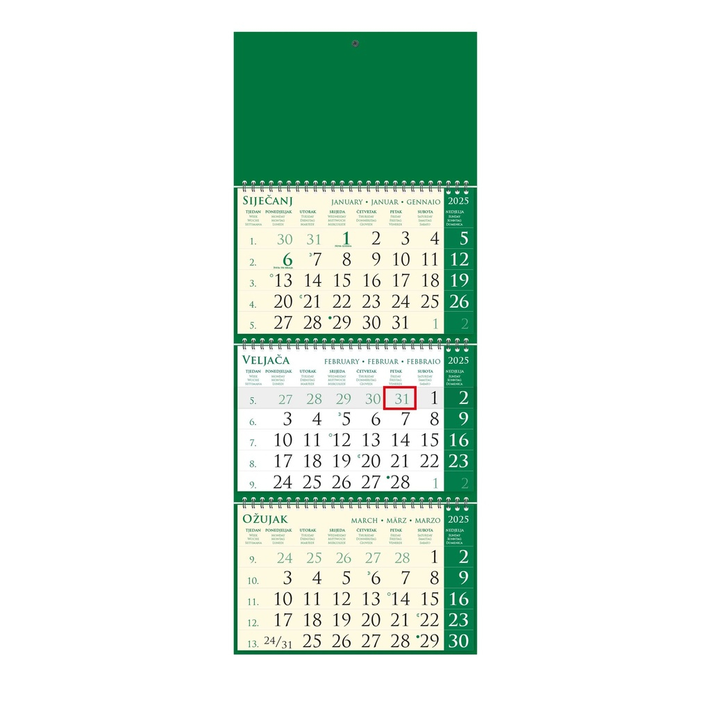 "Poslovni SIRIO Pino Verde zeleni" trodjelni kalendar, 3x12 list., dim: 25x65cm, vrećica, pokazivač, P/50