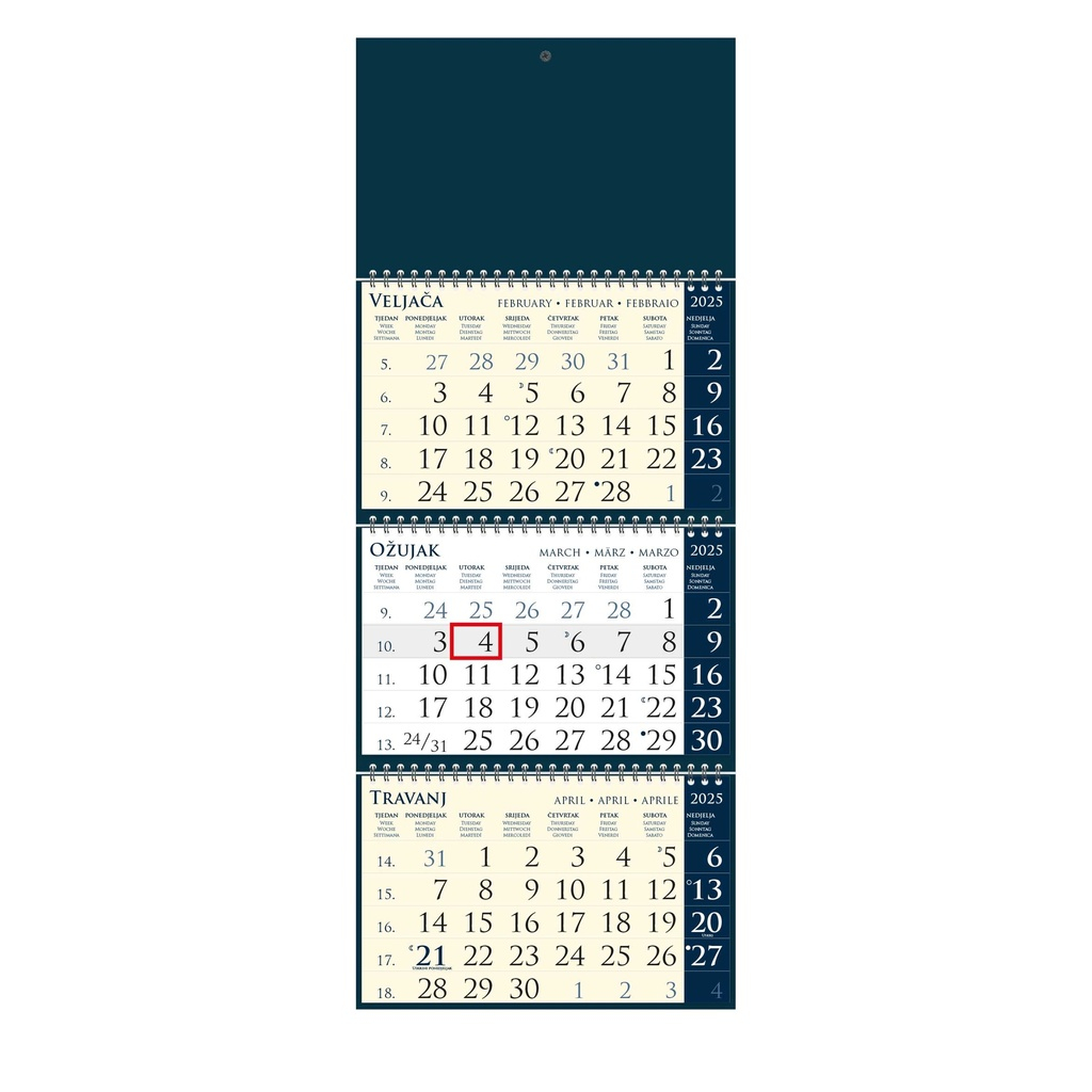 ""Poslovni SIRIO Dark Blue" trodjelni kalendar, 3x12 list., dim:25x65cm, vrećica, pokazivač, P/50