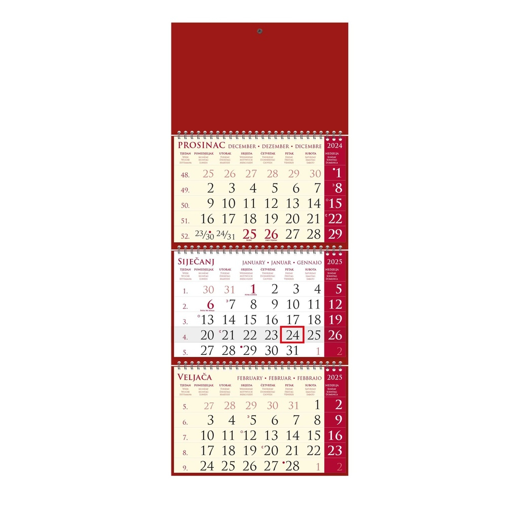 ""Poslovni SIRIO trešnja" trodjelni kalendar, 3x12 list., dim:25x65cm, vrećica, pokazivač, P/50