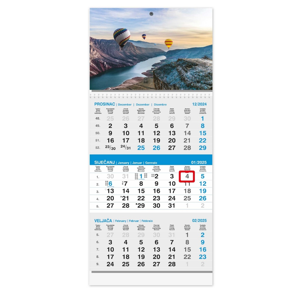 "Poslovni SIVO-PLAVI" trodjelni kalendar s fotografijom, 12 list., dim: 29,5x62cm, PVC vrećica, pokazivač, P/50