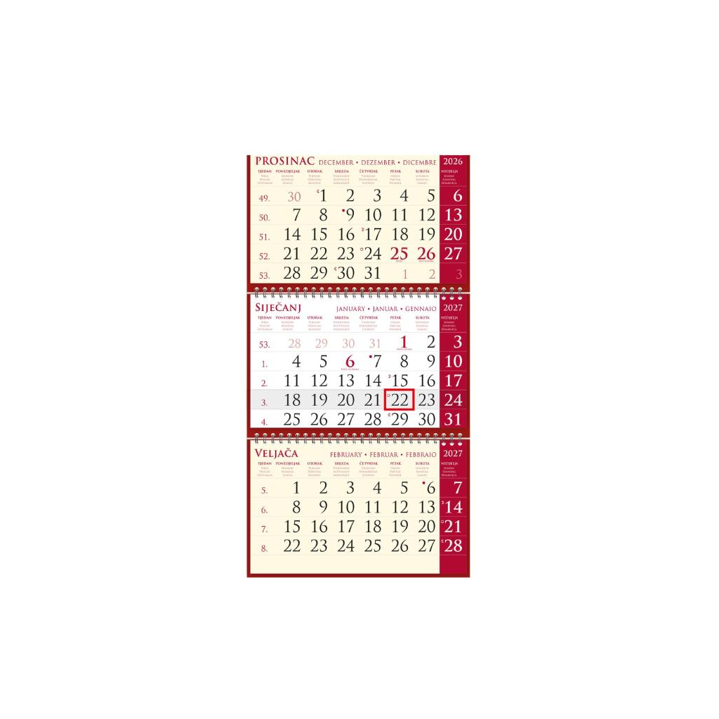 "Poslovni SIRIO cherry" trodjelni kalendar, 3x12 list., dim:25x65cm, vrećica, pokazivač, P/50