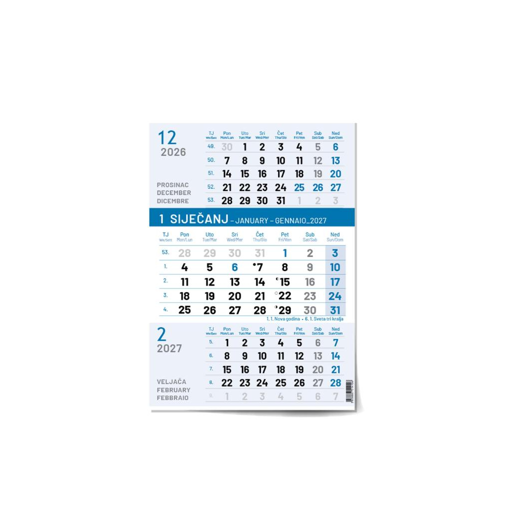 ""Poslovni PLAVI" B4 trodjelni kalendar, 12 list., dim: 24x53,5 cm, PVC vrećica, pokazivač, P/50