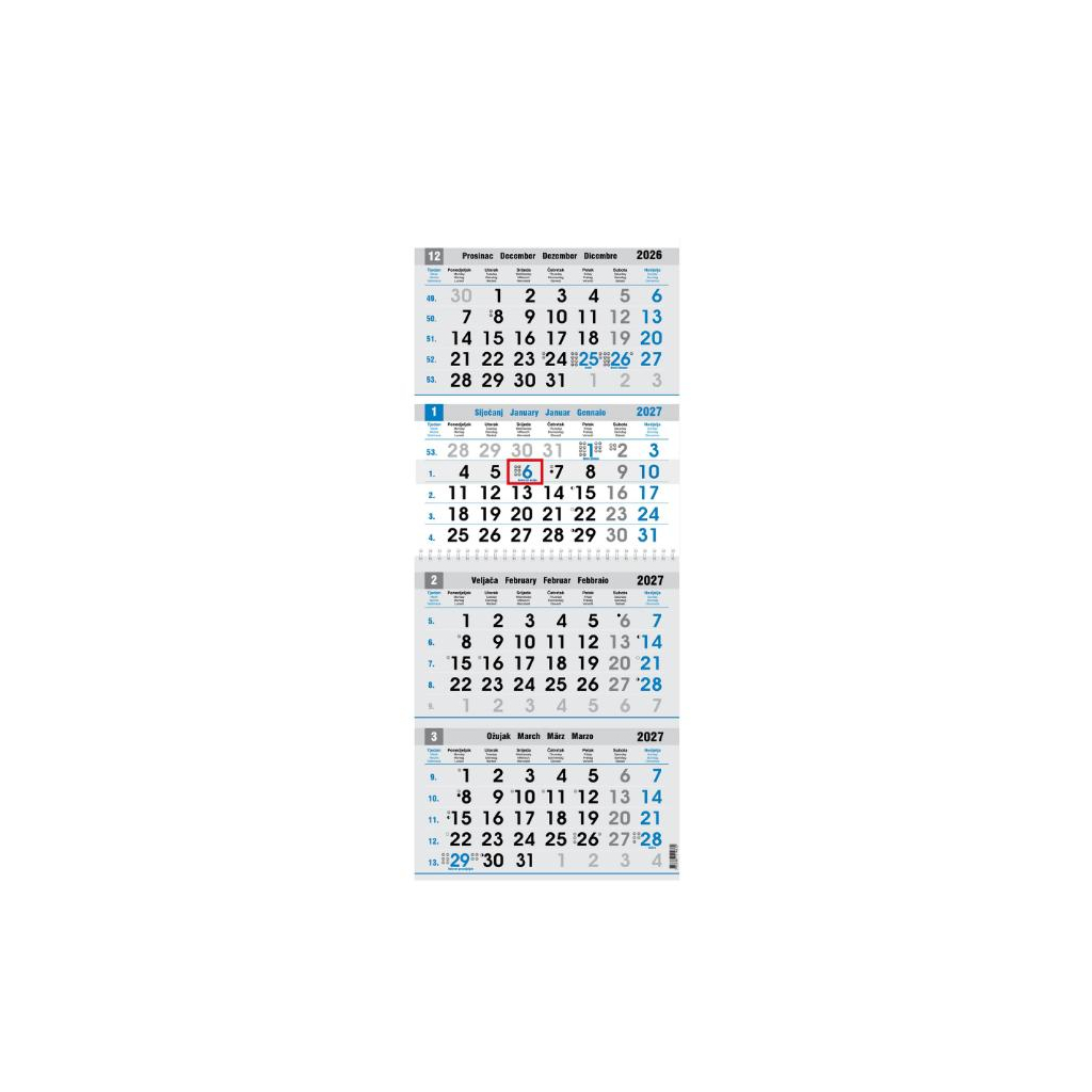 "Poslovni PLAVO-SIVI" četverodijelni kalendar, 12 list. x 2, dim: 27,5x87cm, PVC vrećica, pokazivač, P/25