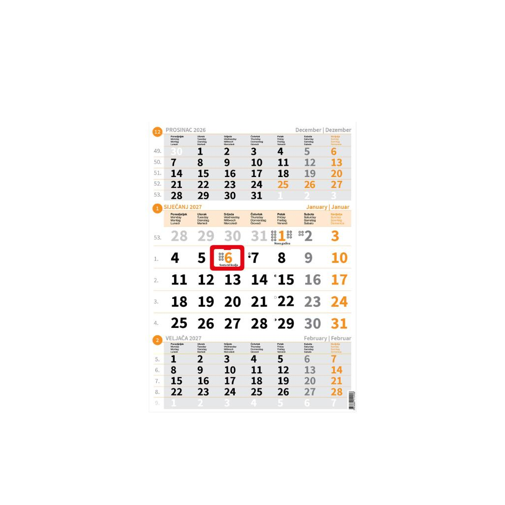 "Poslovni NARANČASTI" trodijelni kalendar, 12 list., dim:29,5x42cm, PVC vrećica, pokazivač, P/60