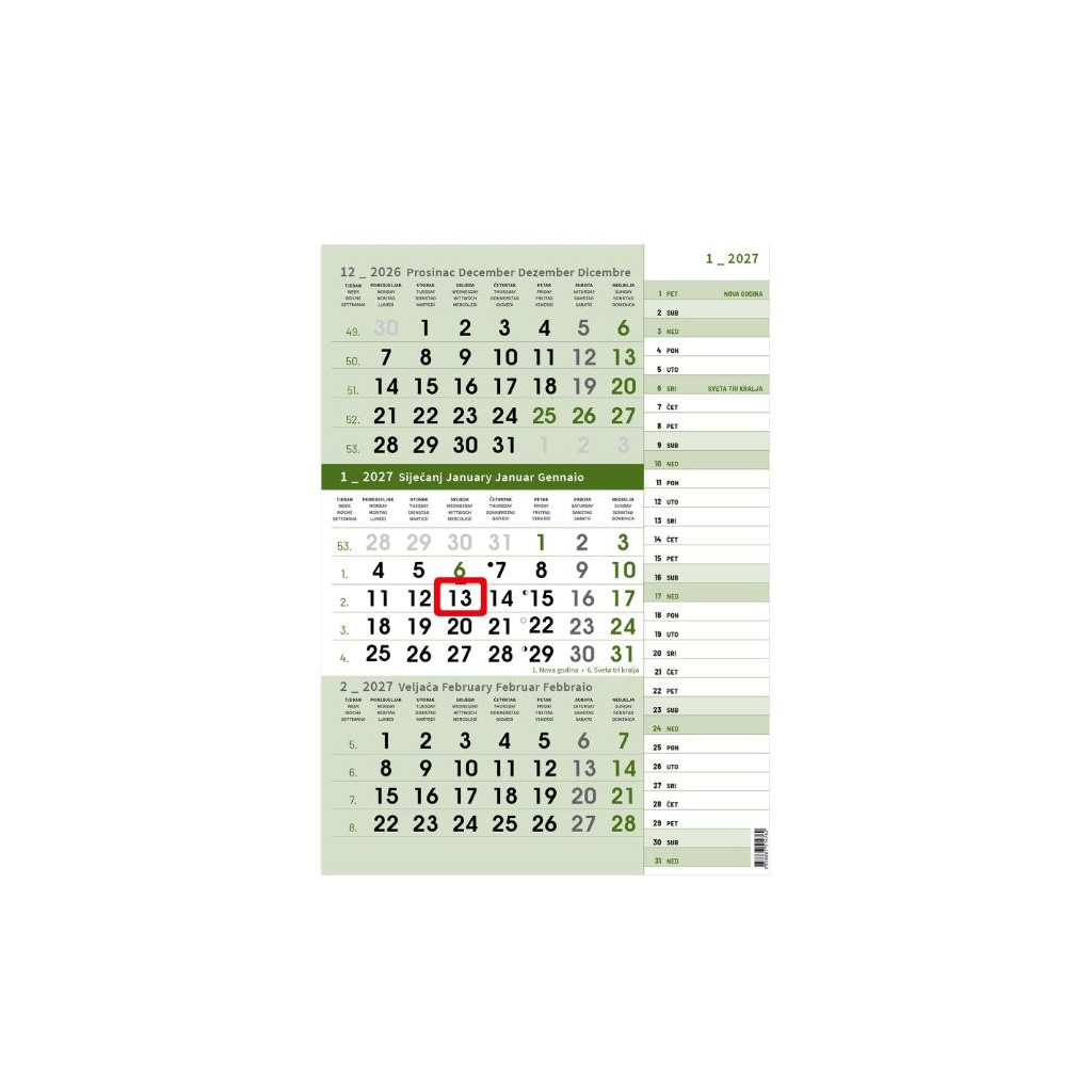 0-02og000175-a72f4b61 "Poslovni ZELENI PLANER" trodjelni kalendar, 12 list., dim: 29,5x62cm, PVC vrećica, pokazivač, P/50 - Slika 1