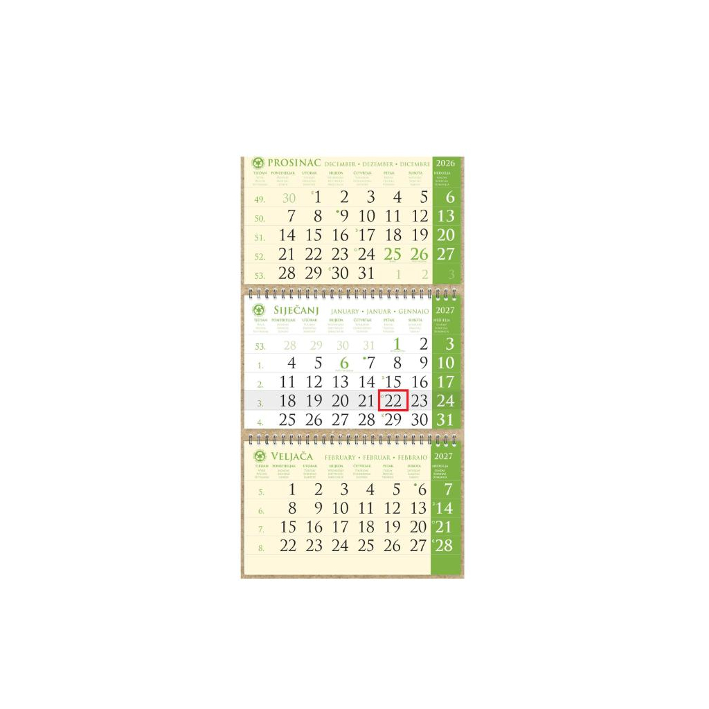 0-02og02177-fd42d1d6 Kalendar trodjelni sirio EKO ZELENI, 3 dijela spirala (3x12 l) 25x65cm, pok, vrećica (reciklirani papir), P/50 - Image 1